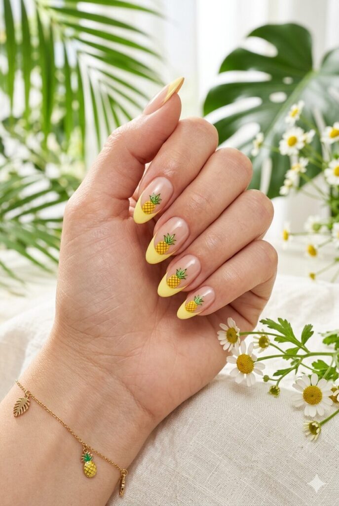 Nude nails with pastel yellow French tips and pineapples