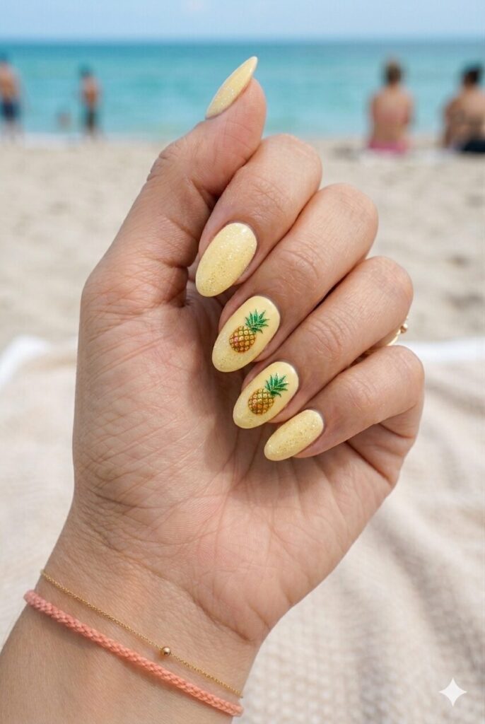 Medium almond nails with yellow sugar sparkle and pineapple accents