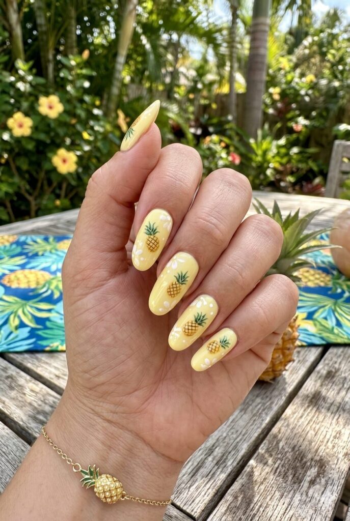 Pastel yellow nails with cute pineapple nail art