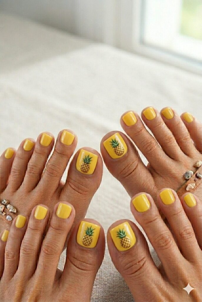 Yellow toe nails with tiny pineapple nail art
