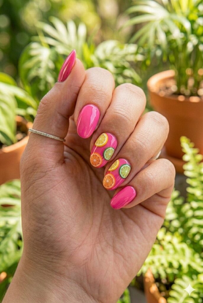 Bright pink nails with tiny citrus slice art on accent nails