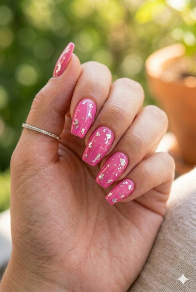 Glossy pink nails with small silver foil splash accents