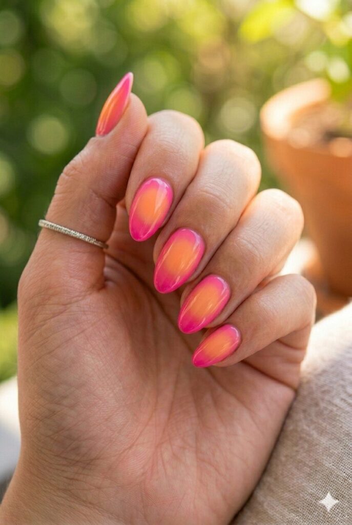 Medium almond nails with pink base and orange aura glow center