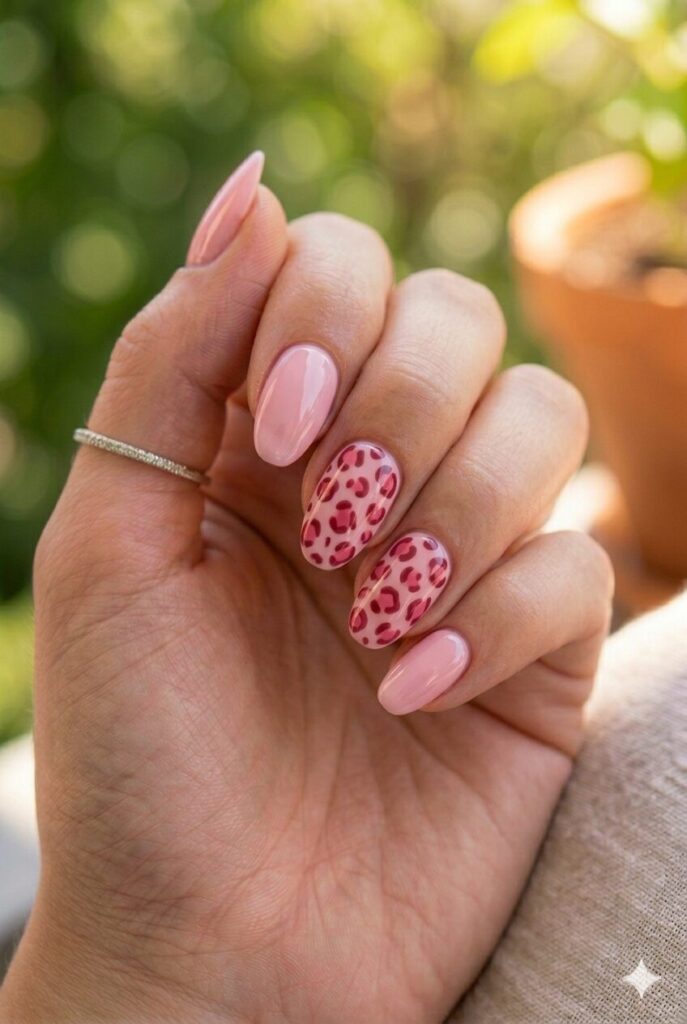 almond pink summer nails with darker pink leopard spot accent art