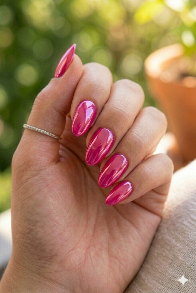Oval almond nails with rich pink mirror glaze glossy finish