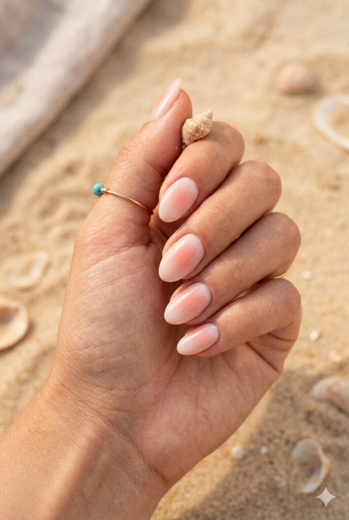Milky pink aura nails with a warm beach sand glow