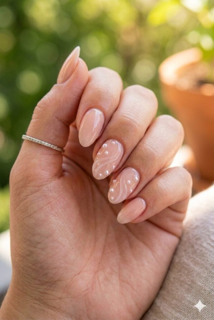 Milky pink almond nails with pearl accents and shell swirls