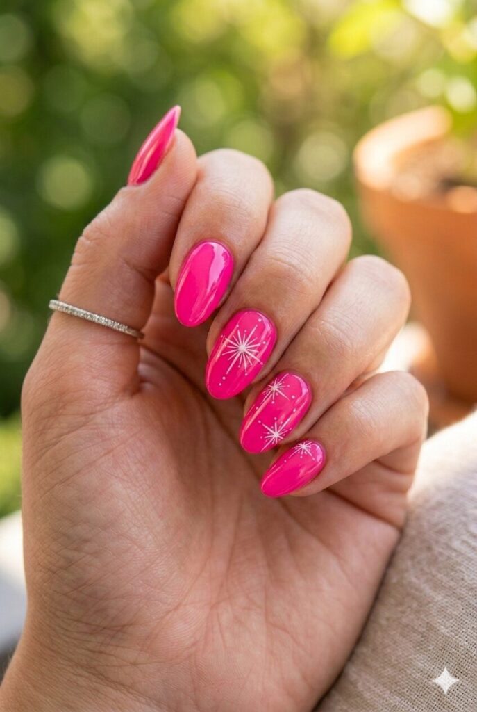 Vivid pink nails with tiny white starburst line accent art