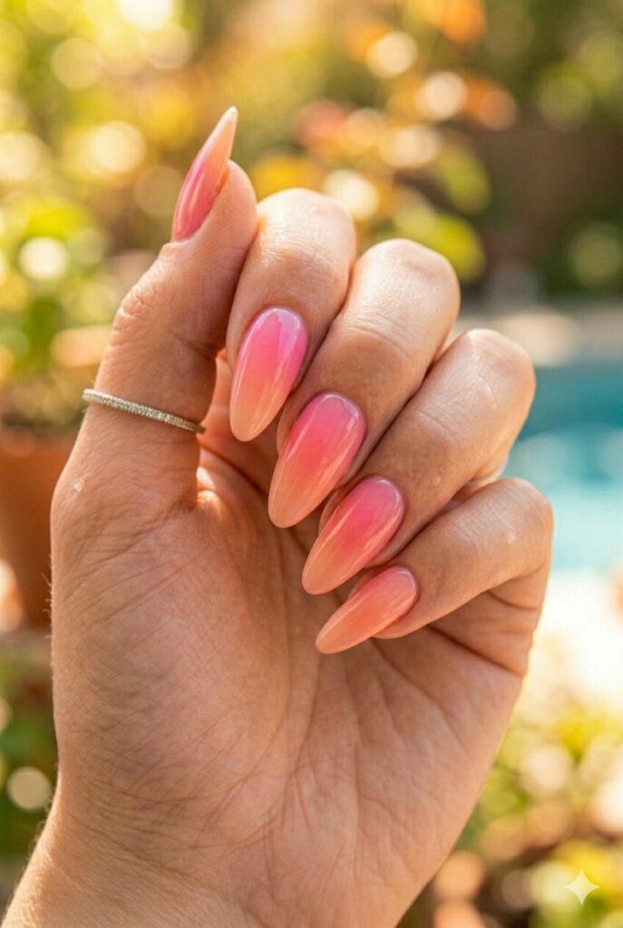 Coffin nails with pink coral and peach sunset ombre blend