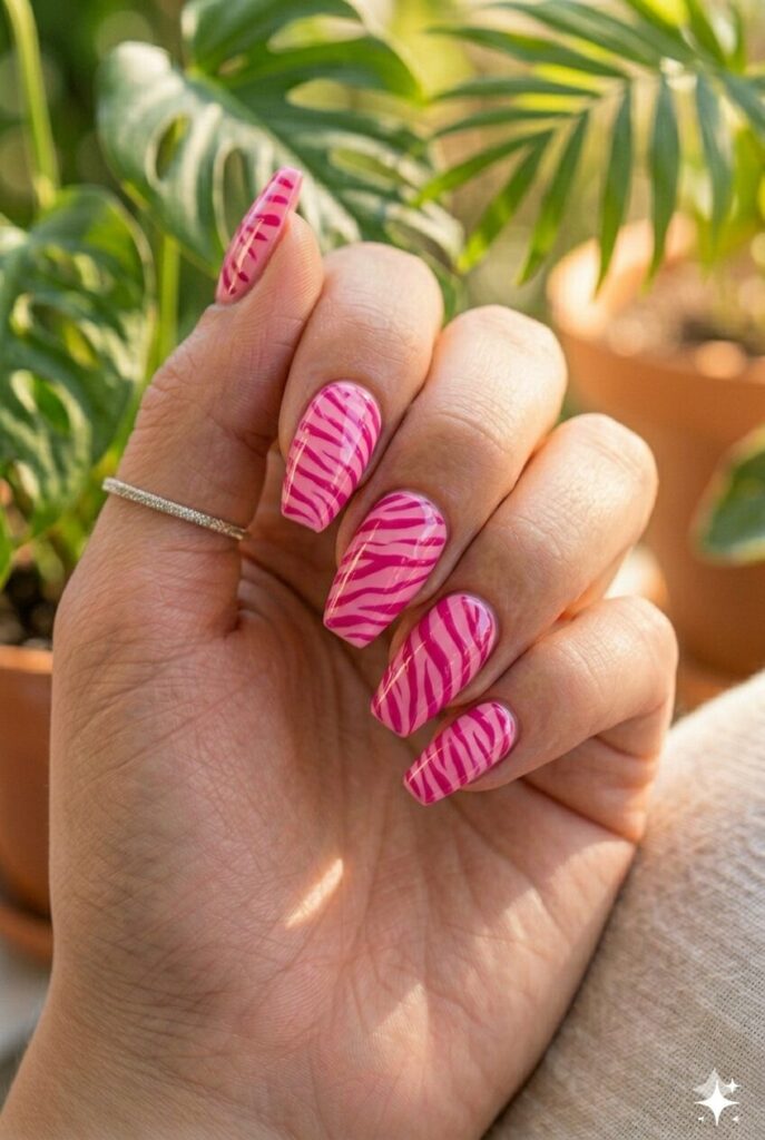 Fuchsia nails with bold darker pink zebra stripe pattern