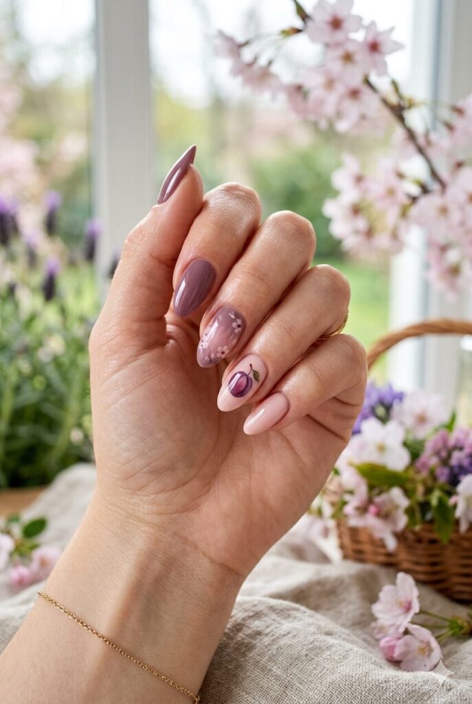 Blush and plum nails with fruit and flower details