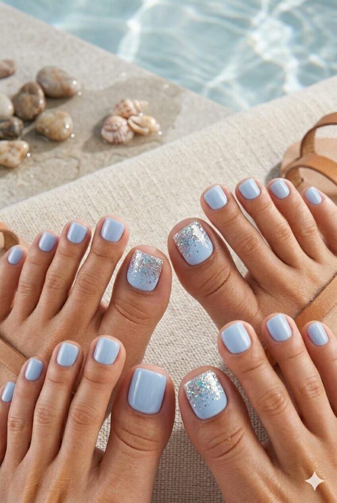 Pale blue toe nails with silver glitter tips