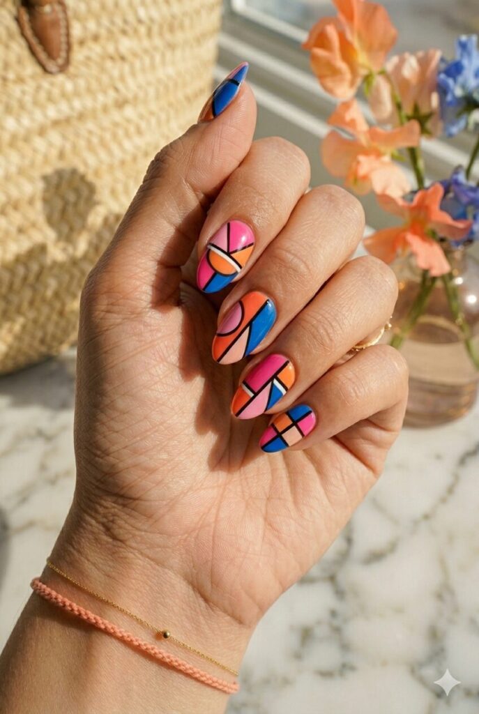 Long almond nails with bold pink orange and blue pop art shapes