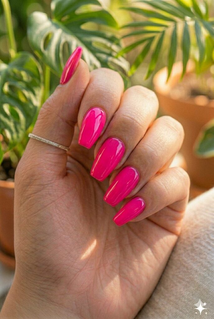 Short square nails with pool bright glossy pink wet-look finish