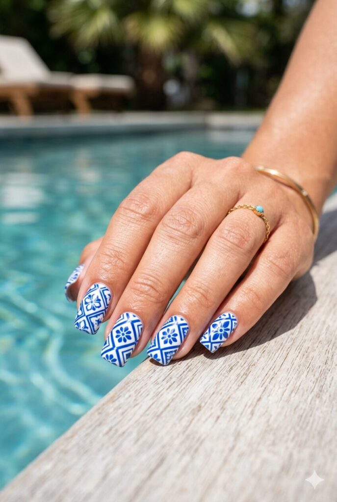 Blue and white pool tile pattern nails for summer
