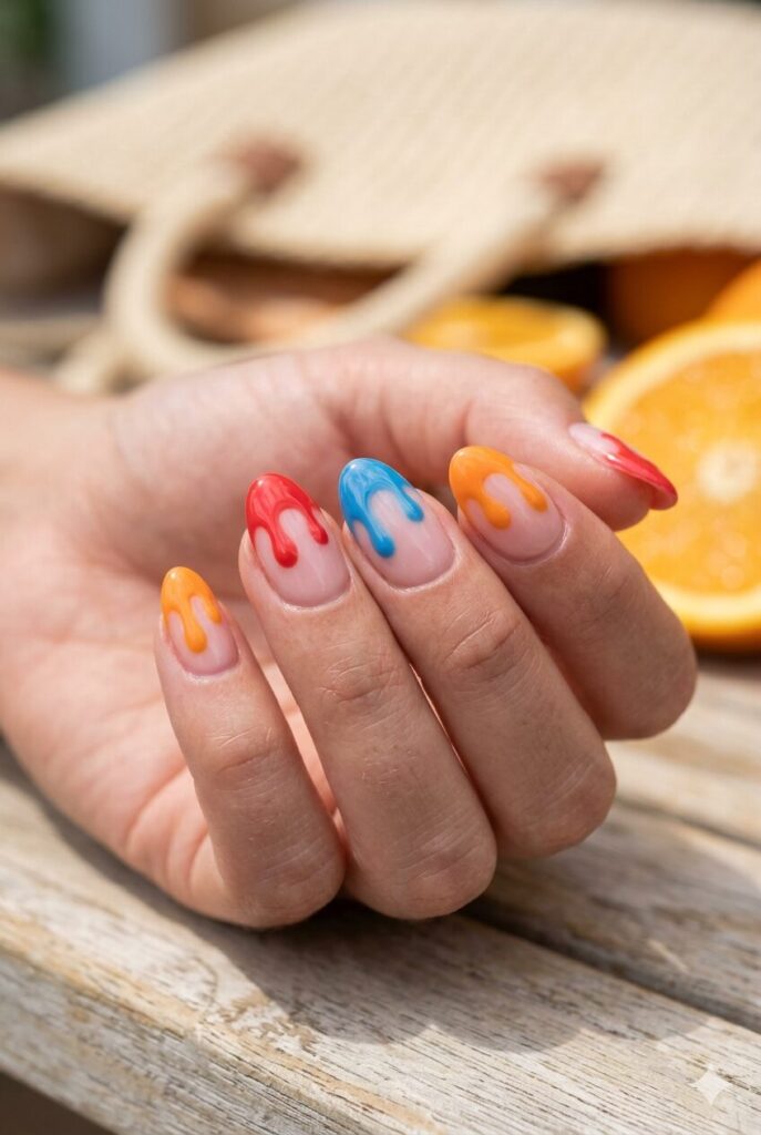 Nude pink nails with bright colorful popsicle drip tips