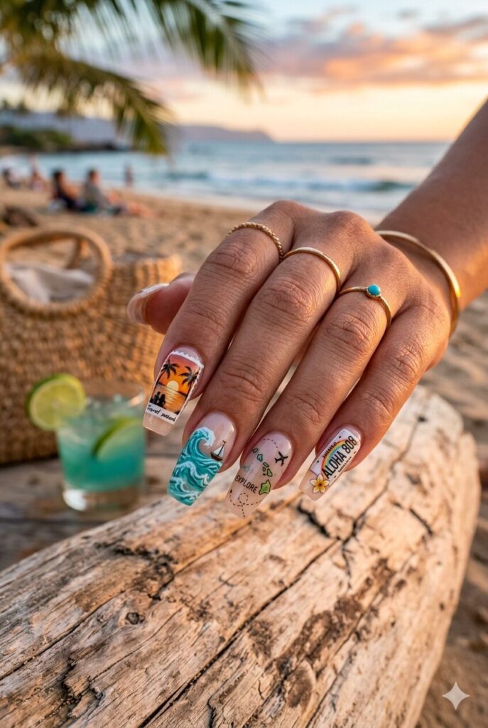 Coffin nails with tiny sunset waves and travel doodle art