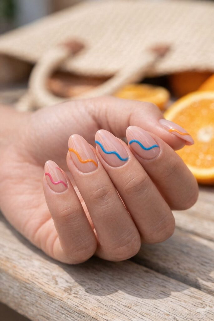 Nude nails with bright rainbow squiggle lines