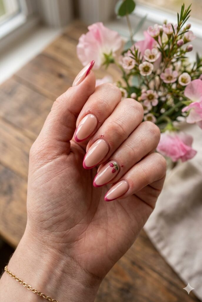 Nude nails with raspberry pink outline French tips