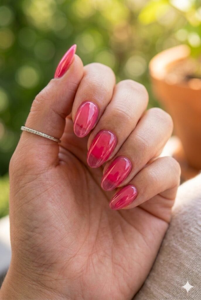 Short almond nails with raspberry pink jelly see-through finish
