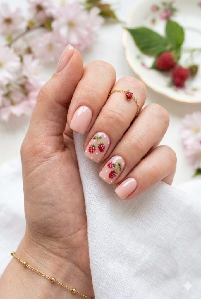 Nude pink nails with raspberry art and polka dots