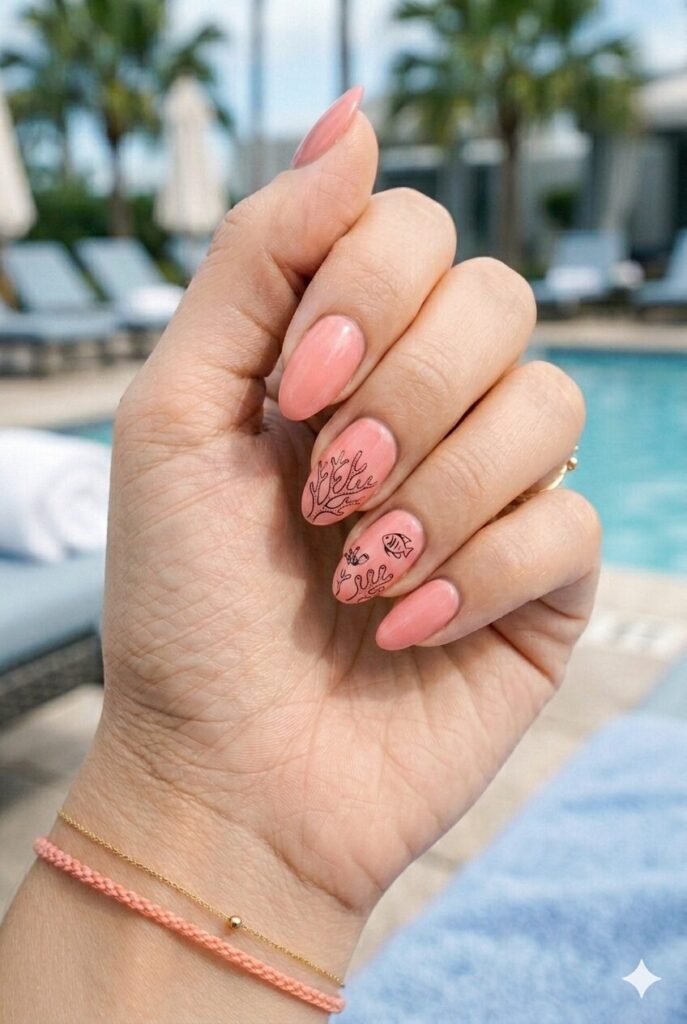 Almond nails with coral pink base and tiny reef line sketch art