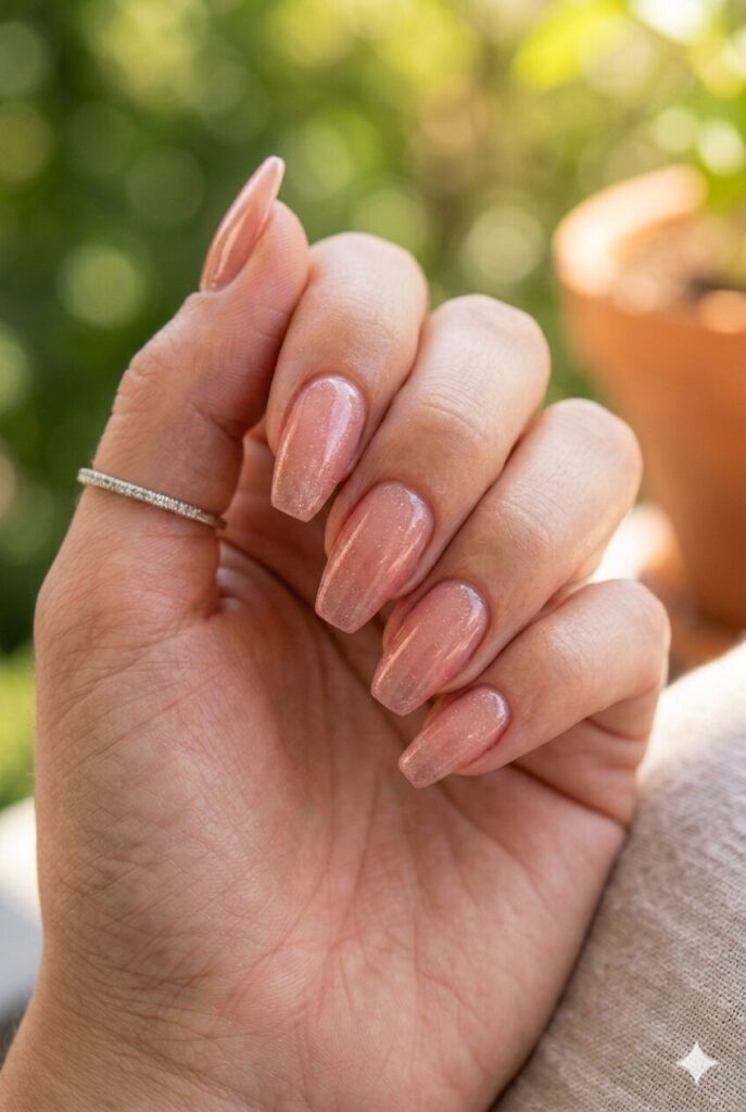 Medium coffin nails with pink polish and rose gold shimmer