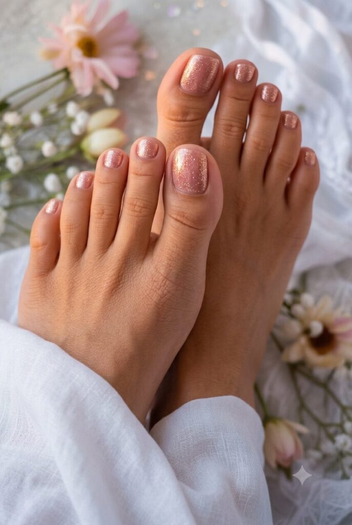 osy pink toenails with fine rose gold shimmer finish