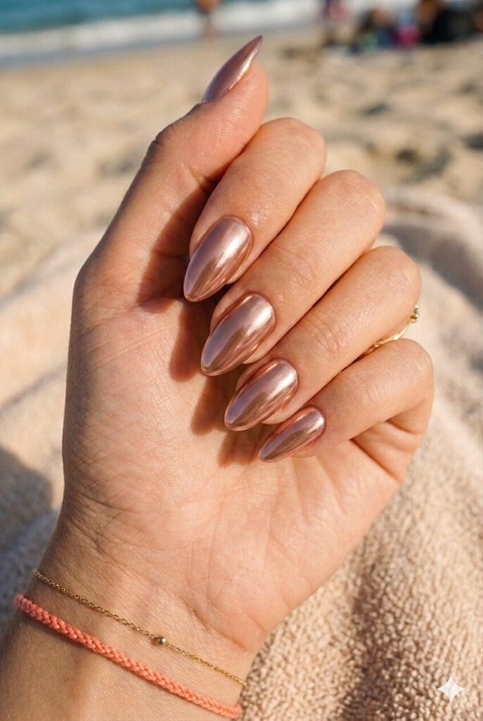 Long almond nails with rosy bronze chrome mirror finish