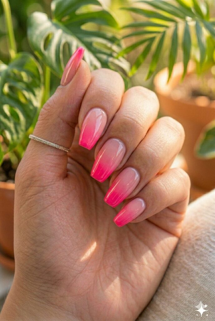 Almond nails with rosy pink fading into neon pink ombre tips