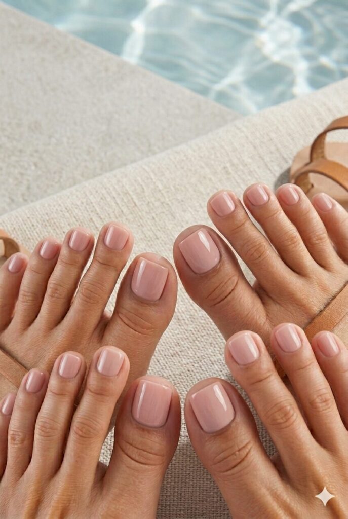 Rosy nude toe nails with a soft glossy beach-ready finish