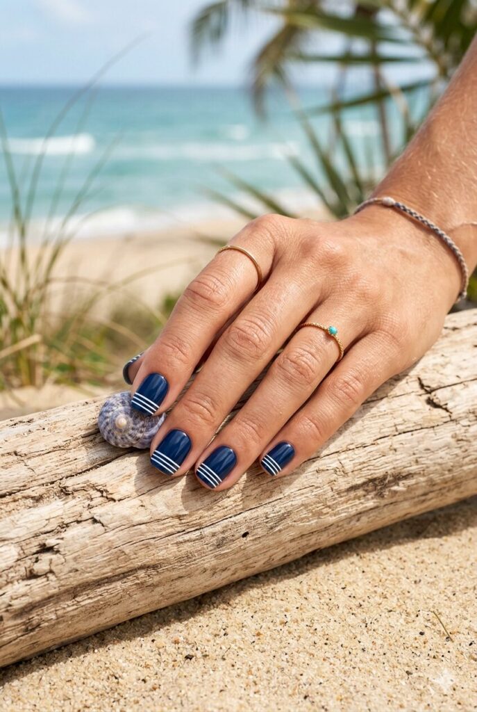 Classic navy nails with white line details for a nautical look