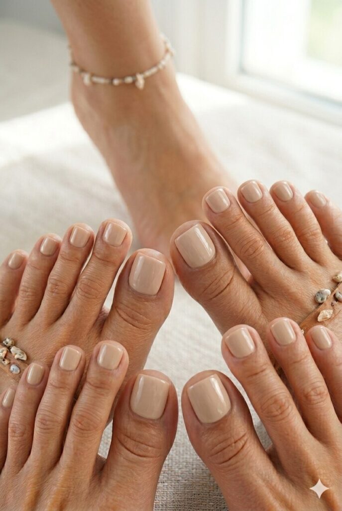 Sand beige toe nails with a minimal summer pedicure look