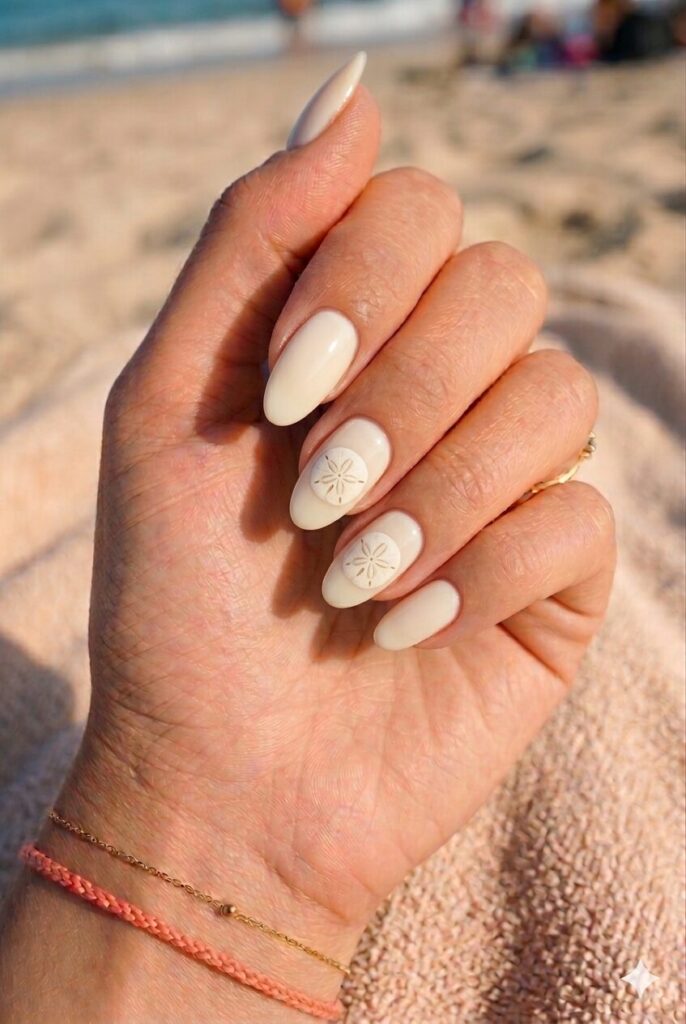Short almond nails with ivory base and tiny sand dollar accent art