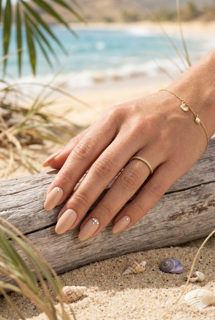 Sandy beige nails with tiny crystal gem accents