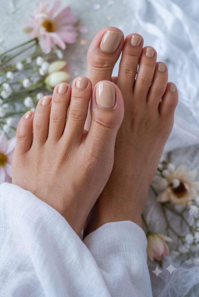 Warm sandy beige toenails with natural neutral finish