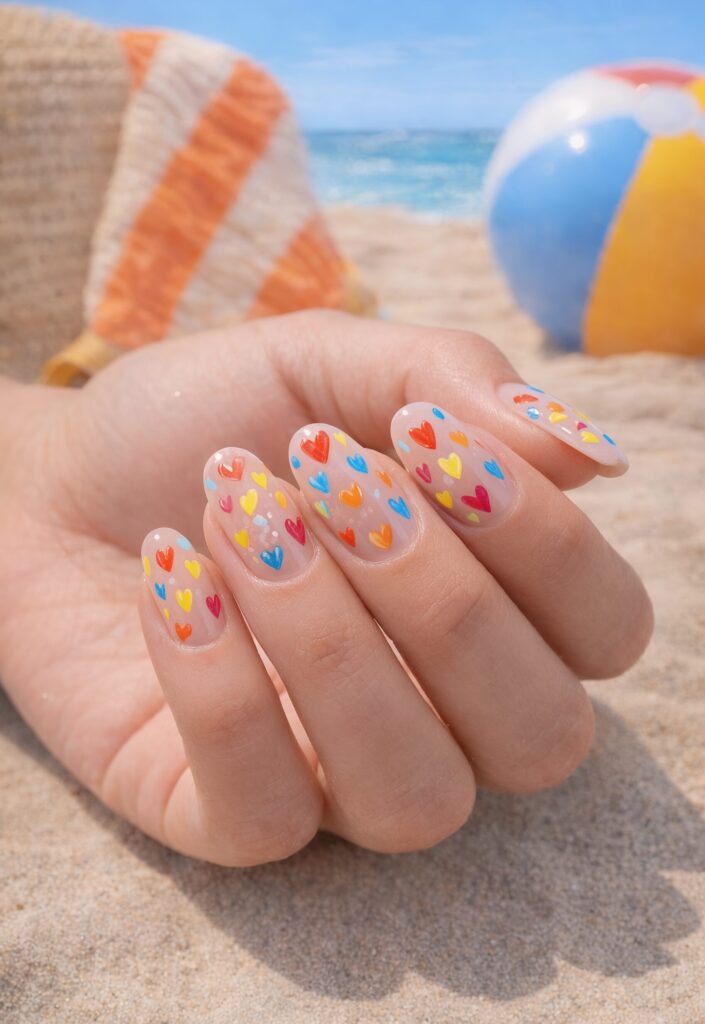 Clear base nails with tiny hand-drawn colorful hearts