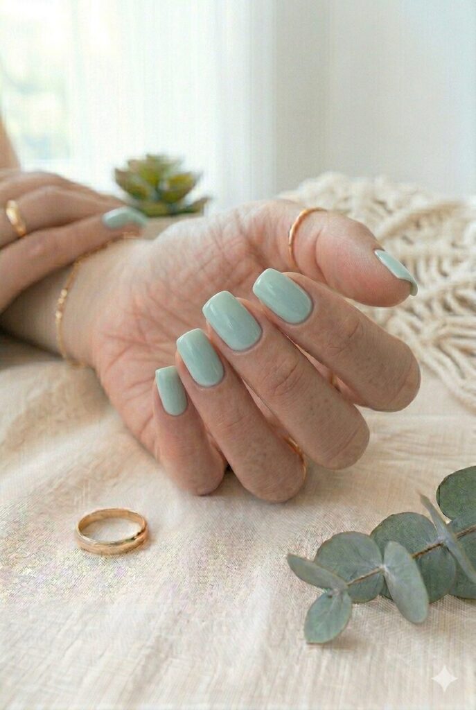 Short squoval nails with pale seafoam green polish
