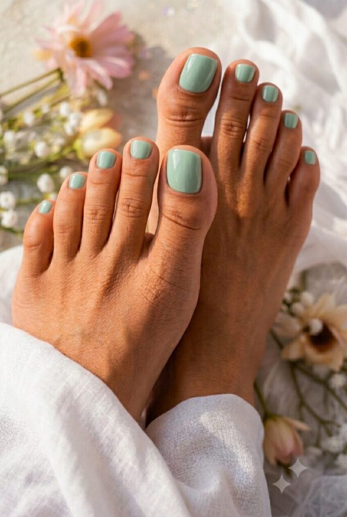 Pale seafoam green toenails with a breezy beachy look
