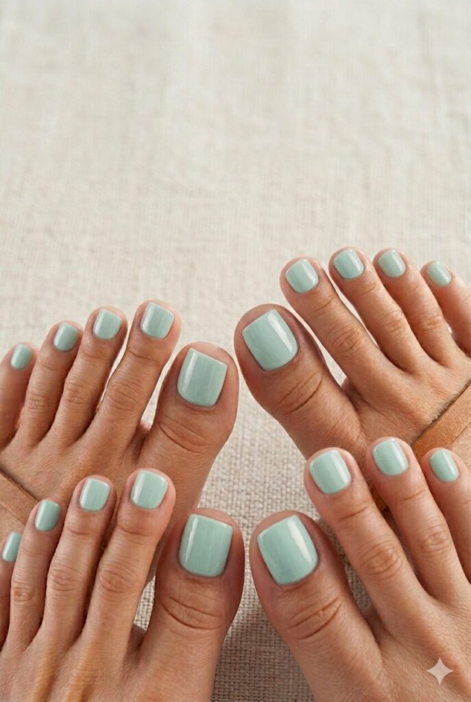 Pale seafoam green toe nails with a breezy beachy look
