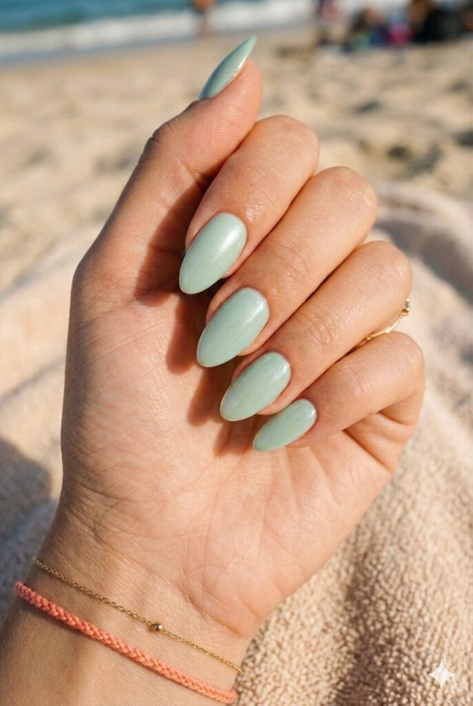 Almond nails with pale seafoam green polish and pearl finish