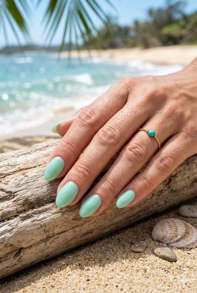 Soft mint jelly nails inspired by sea glass