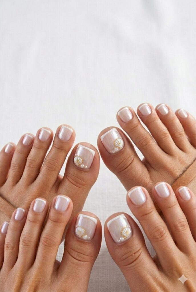 French tip toe nails with pearl shine and shell art