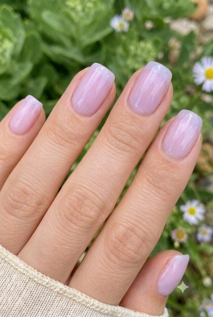 Short squoval nails with soft sheer lilac pastel polish
