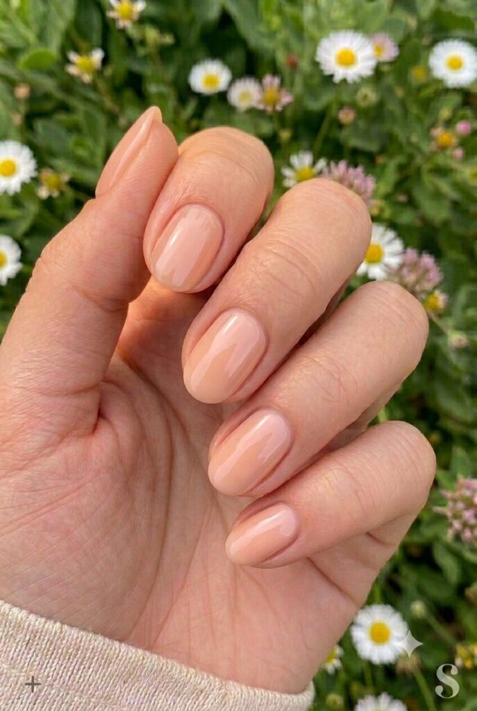 Short squoval nails with sheer peach glossy polish