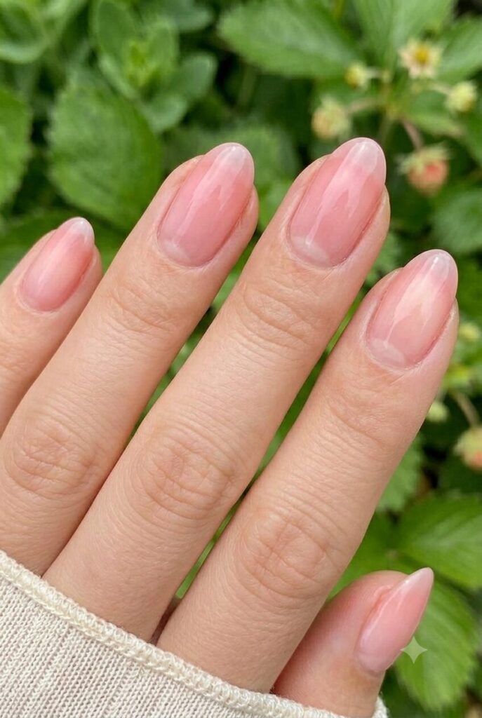 Short almond nails with sheer strawberry pink polish