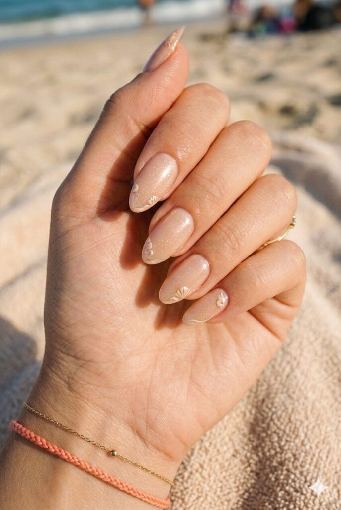 Almond nails with sandy nude base and pearl shimmer shell accents