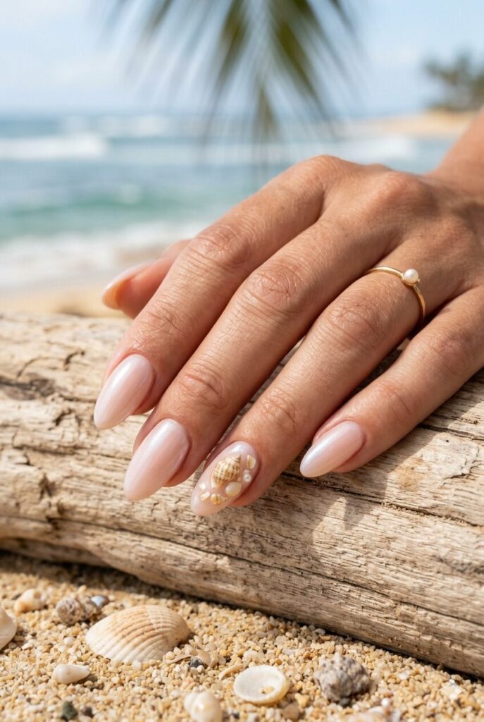 Milky nude almond nails with a pearly glaze and shell art
