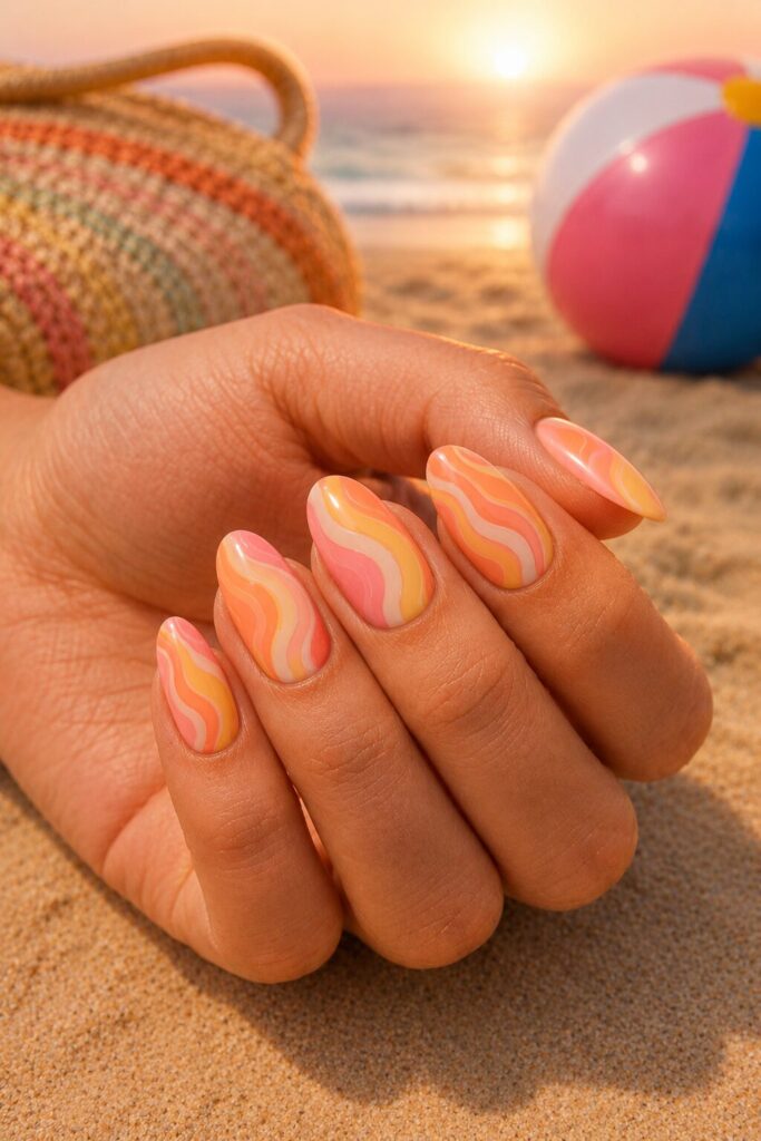 Almond nails with orange pink and yellow sherbet swirls