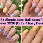 Collage of simple June nail ideas for summer 2026 with cute pastel designs